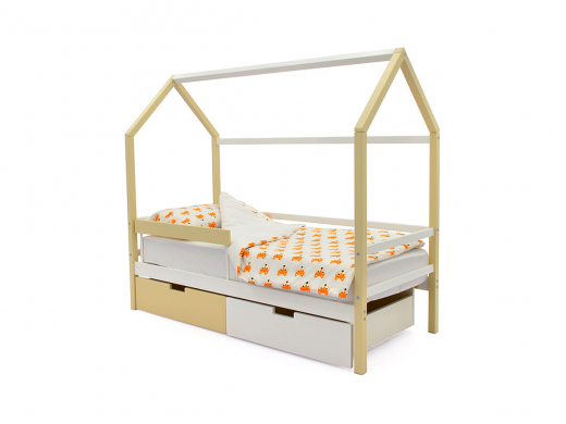 Кровать-домик Svogen с ящиками и бортиком бежево-белый